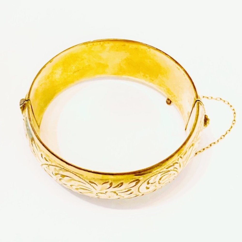 Antique Victorian Gold Filled Engraved Floral Wide Bangle Bracelet